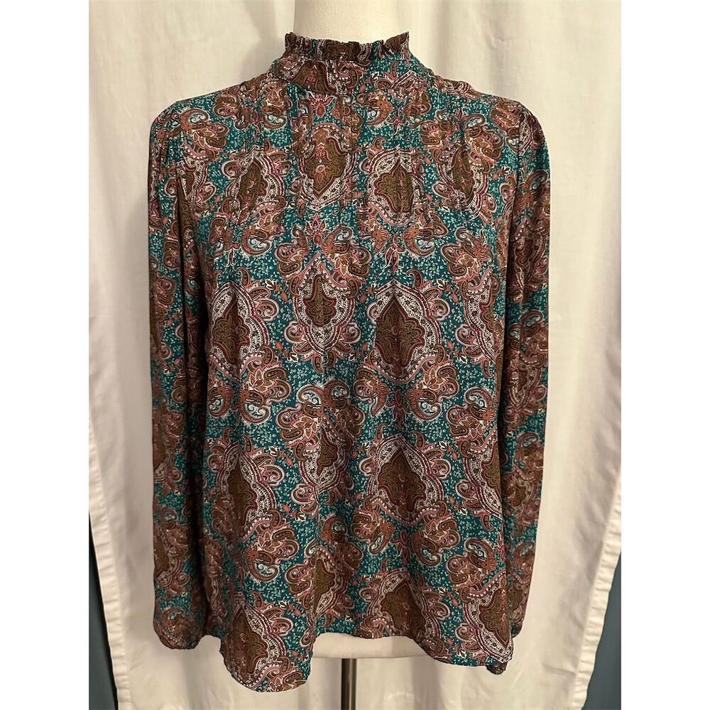 Joie Women's Teal Paisley High Neck Balloon Sleeve Blouse Size S